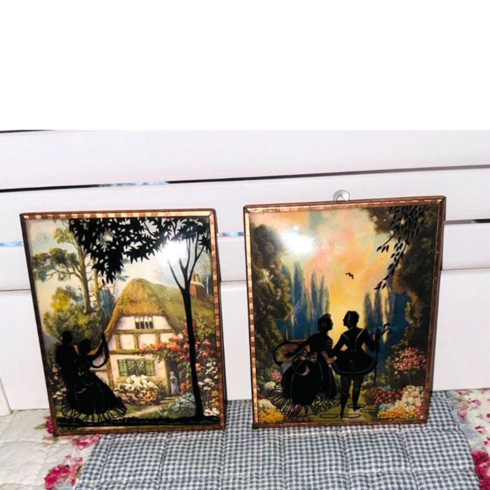 Silhouette Revere Painted Bubble Glass Art Victorian Scene Set of 2